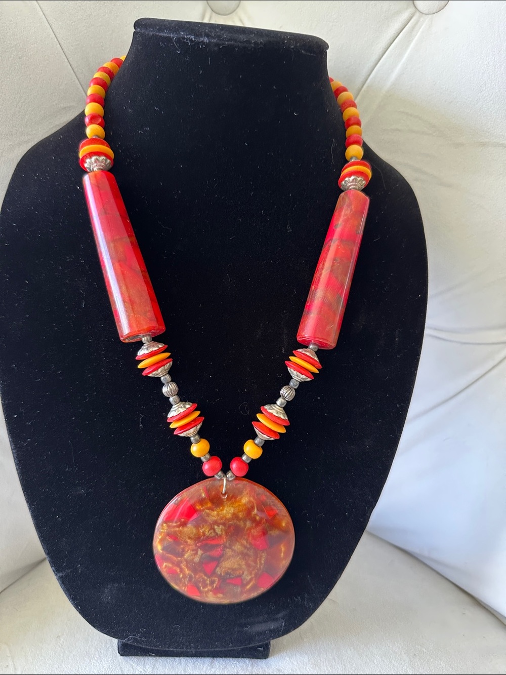 Red and Orange Resin Pendant Necklace - Bold Color Statement